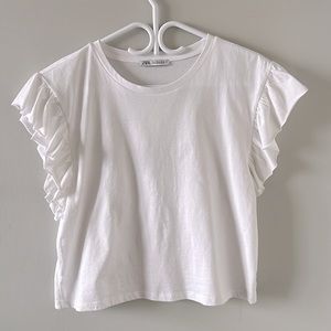 Zara White Ruffle Short Sleeve T-shirt